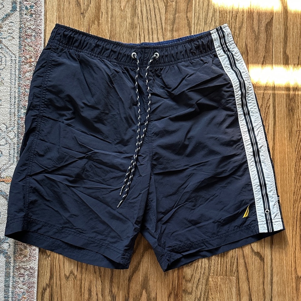 Nautica Navy Blue Athletic Shorts with White Stripe